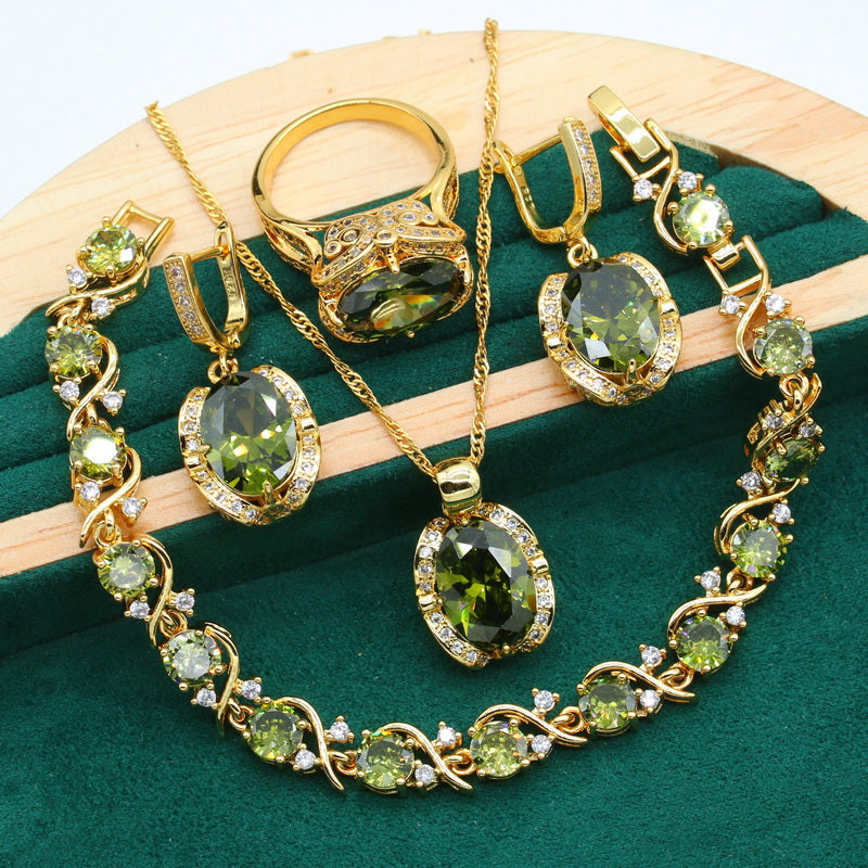 Truly 18K Gold Peridot Ruby Pendant Earring Bracelet & Ring Set For Women