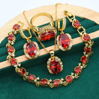 Truly 18K Gold Peridot Ruby Pendant Earring Bracelet & Ring Set For Women