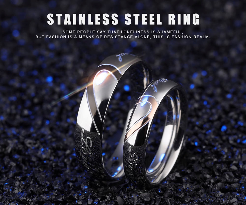 Two Tone Heart Titanium Steel Couple Rings