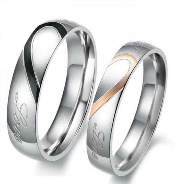 Two Tone Heart Titanium Steel Couple Rings