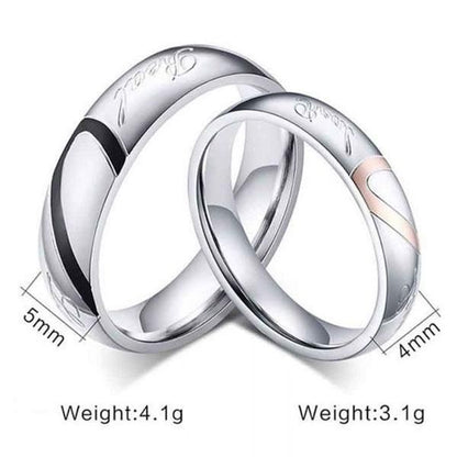 Two Tone Heart Titanium Steel Couple Rings